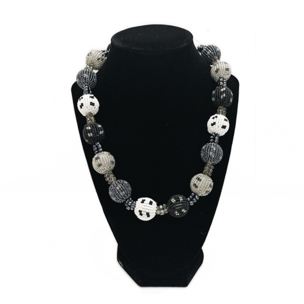 Vintage Black Grey White Glass Ball Beaded Tribal Necklace Timeless Elegance
